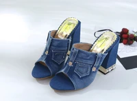 womens peep toe denim jeans pearls wedge super high heel slingback slipper summer sandals shoes button black blue b210