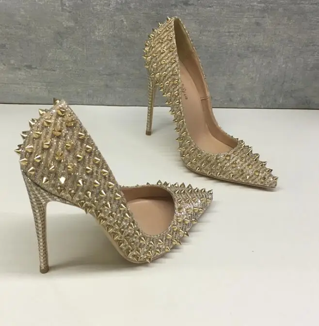 

Moraima Snc Gold Rivets Studded High Heel Shoes Woman Pointed Toe Party Dress Heels 12cm Thin Heels Club Wearing Shoes