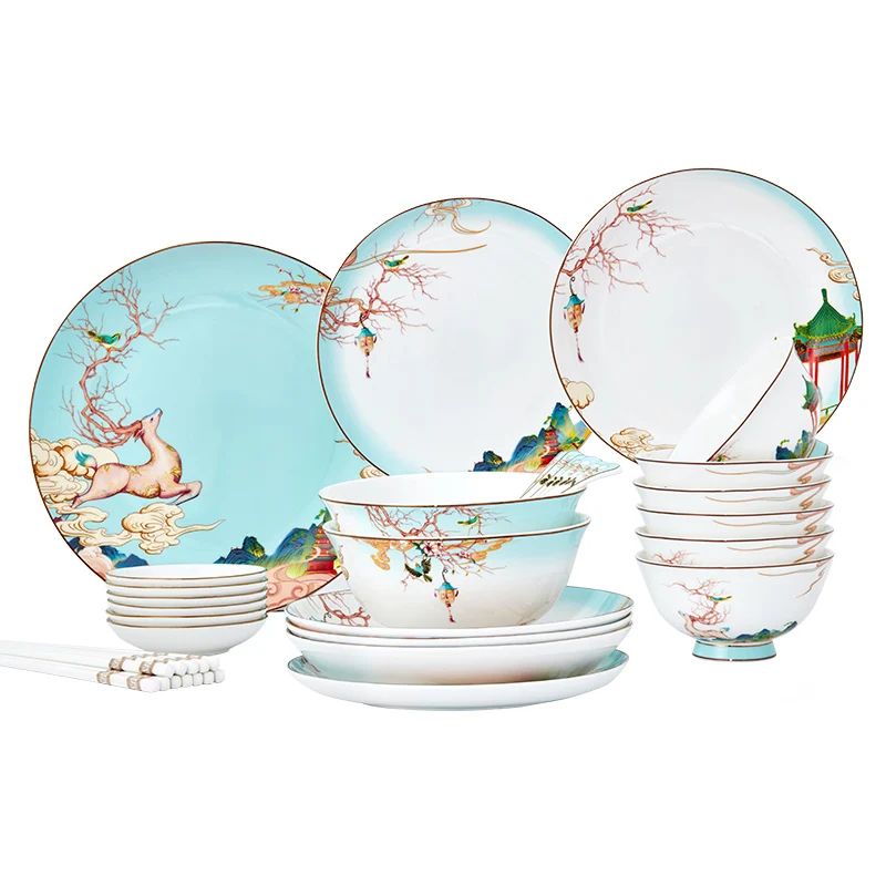 

Chinese style ceramic dishes plate set cup saucer household bone China national tide tableware