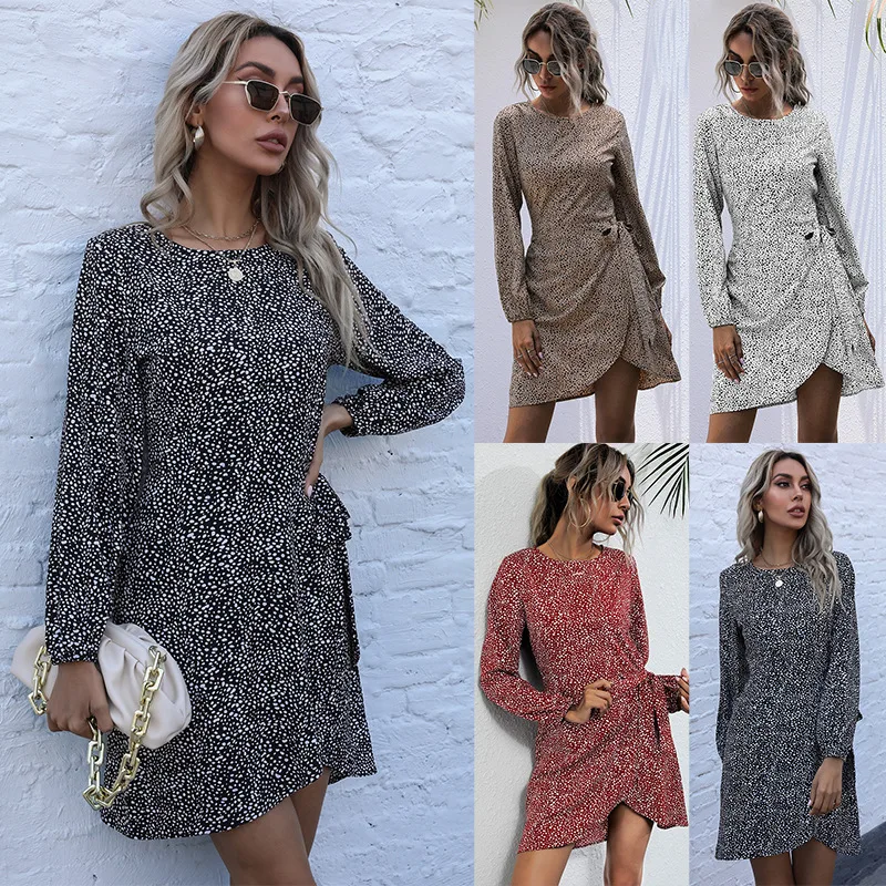 

Black Leopard Irregular Dress Woman O Neck Print Slim Short Mini Dress 2021 Autumn New Long Sleeve Elegant OL Dress Vestidos