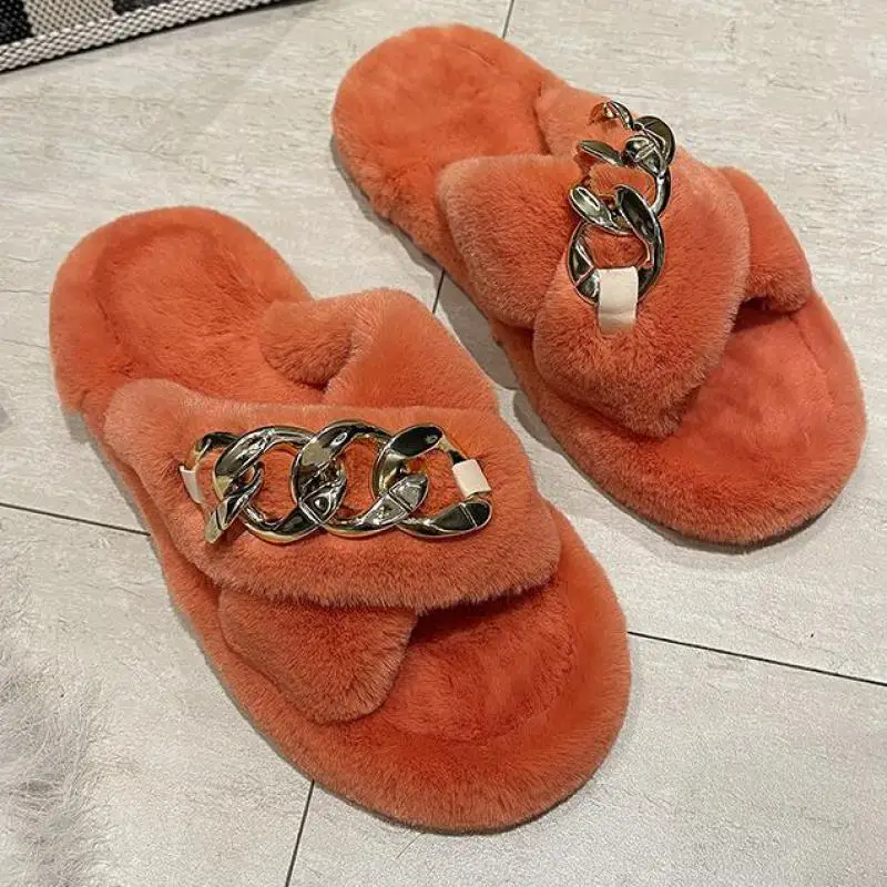

2022 New Fashion Outdoor Slippers Fashionable Furry Shoes Winter Women's Plush Warm Indoors Slides Ytmtloy Zapatillas Mujer Casa