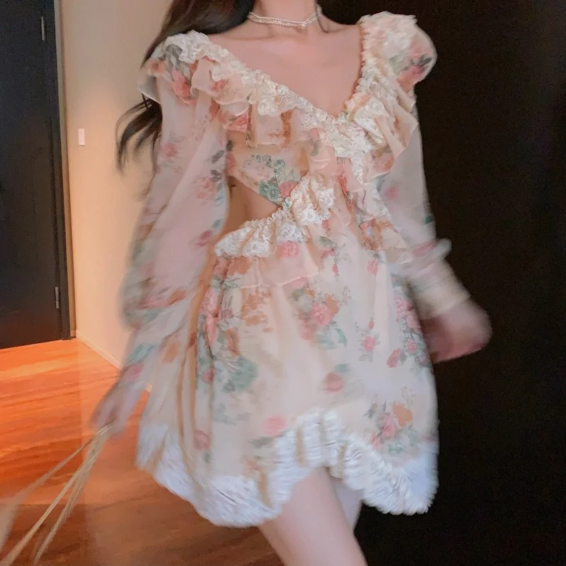 

Spring and Autumn The New Japanese Vintage Style V-neck Slim High Waist Irregular Off Shoulder Print Dresses Women's Clothing