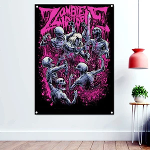 Cannibal Zombies Rock and Roll Skull Art Poster Hanging Cloth Heavy Metal Music Banner Painting Flags With Four Metal Buckle