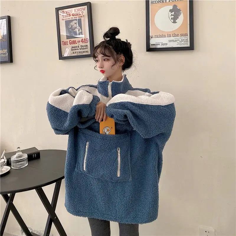 

2021 Sweatshirt Women Autumn Winter Warm Soft Zipper Fur Patchwork Jacket Female Plush Overcoat Pocket Casual Outwear Harajuku