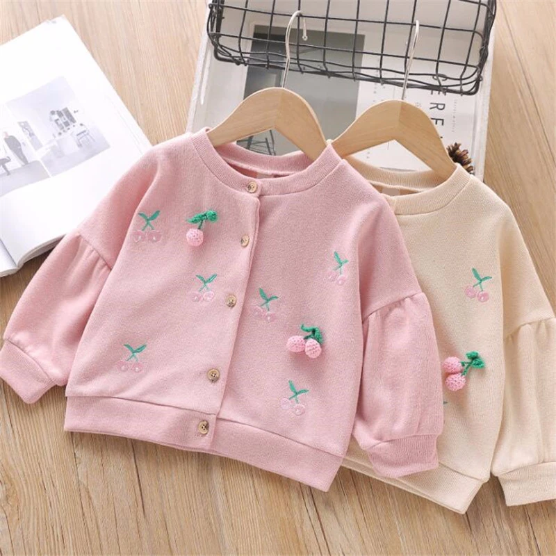 Куртка для маленьких девочек, пальто с вышивкой вишни, мягкий хлопковый Кардиган для девочек, детская одежда, весенние детские куртки, верхняя одежда