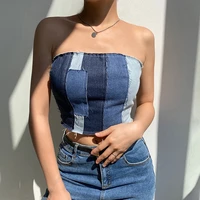 new women sexy off shoulder tube tops strapless backless denim tank vests tops color contrast lace up female clothes