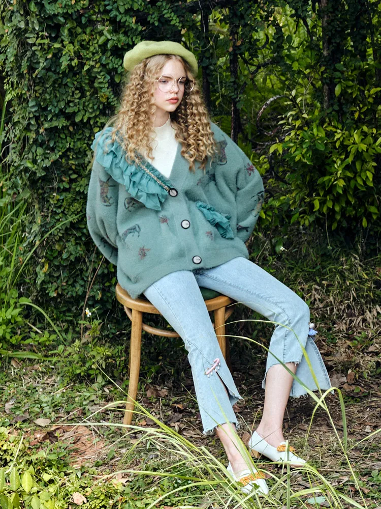 Женский свитер в стиле ретро зима 2019 новинка с оборками принтом вязаный кардиган