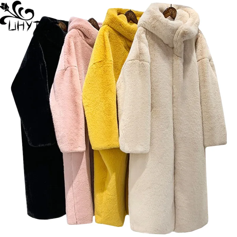 UHYTGF Rex Rabbit Fur Coat Women Hooded Casual Long Outerwear 2022 New Quality Imitation Mink Warm Winter Fur Coat Big Size 824