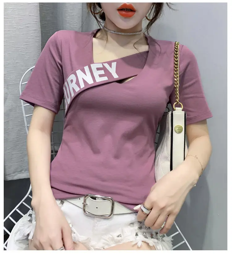 

T-shirt girls 2021kawaii new style, slim, Y2K, thin, V-neck printing, all-match sexy