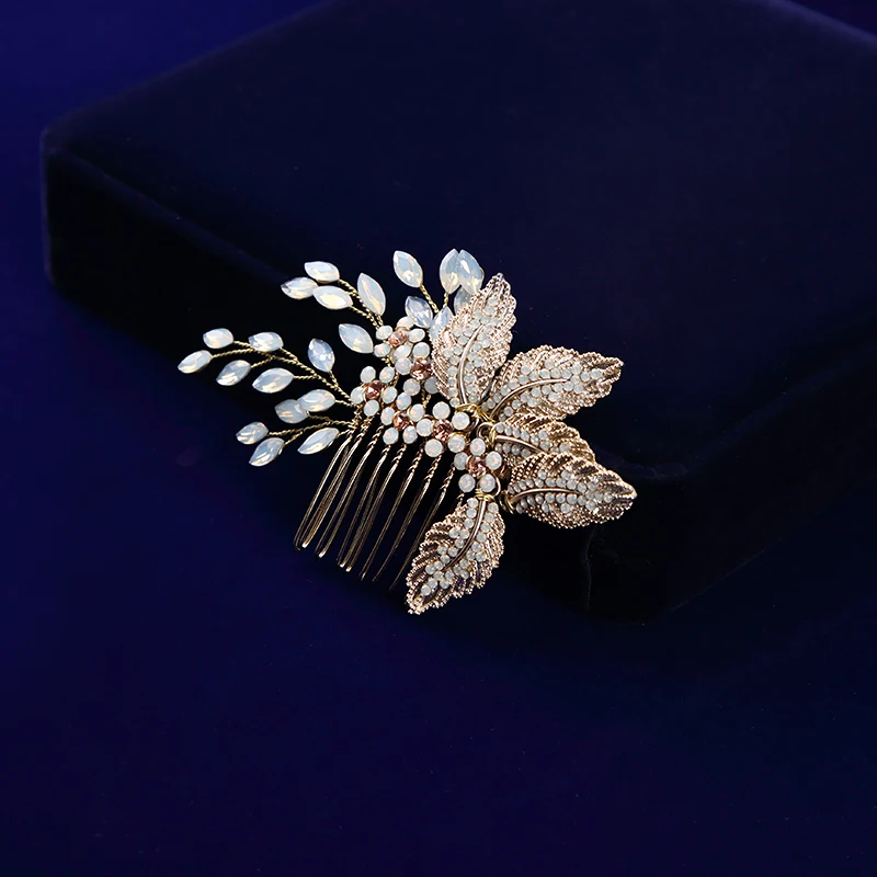 Европейские Стразы ручной работы гребни для волос с золотыми листьями свадебные