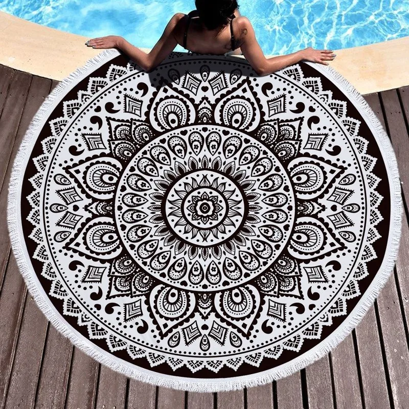 

Round printed beach towel with retro microfiber and tassel can be printed logo as a picnic mat Adult Colorful Quicksand Pattern