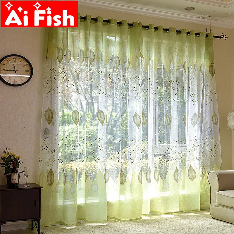 

Green Shiny Jacquard Leaves Tulle Curtains For Kitchen Rustic Window Curtain Transparent Panel for Living Room Sheer Drapes #5