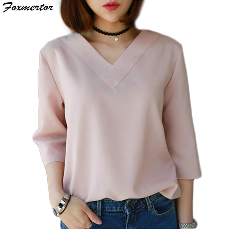 Женская шифоновая блузка с V образным вырезом розовая или белая однотонная