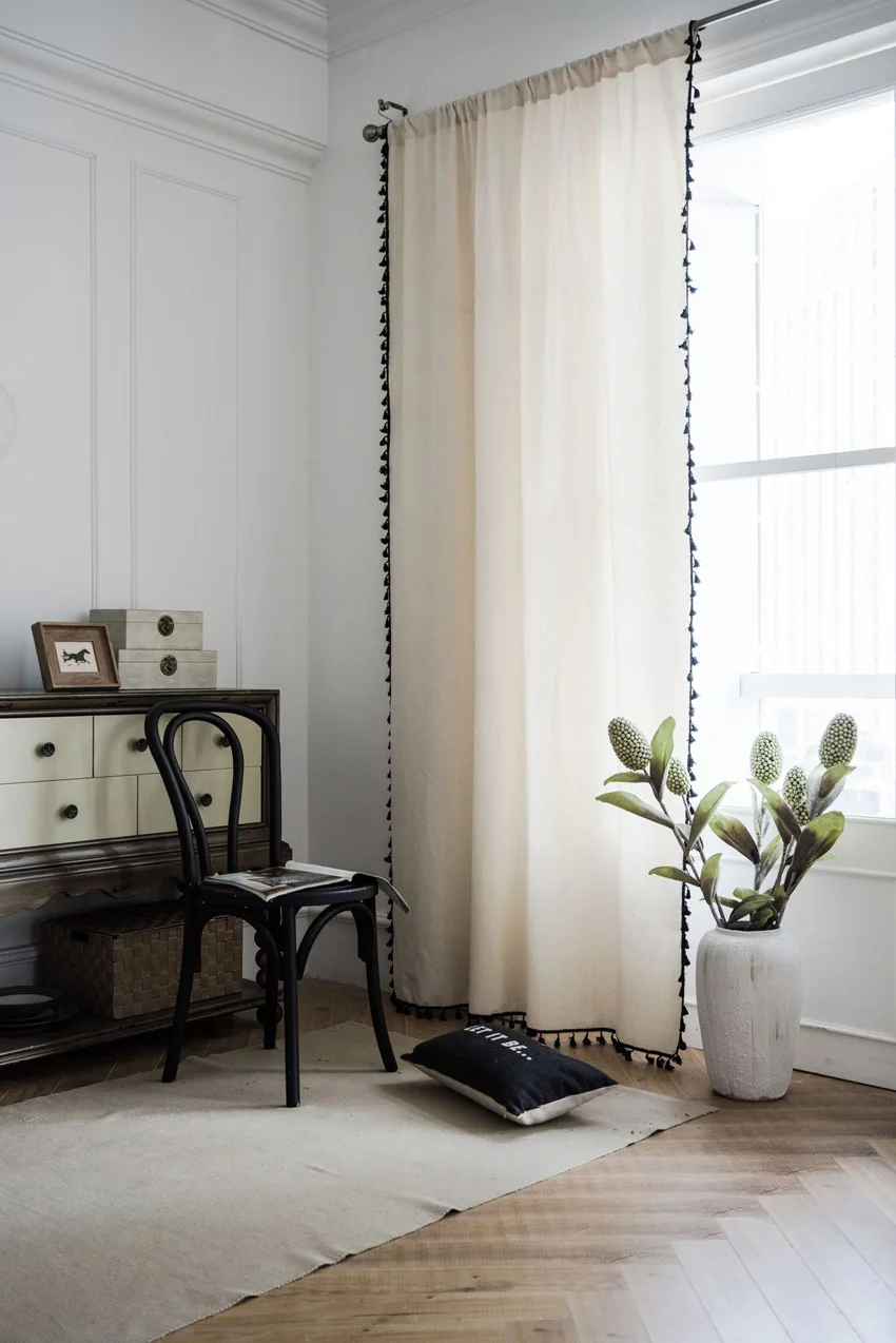 

White Curtain With Black Tassles Nordic Cotton Linen Semi-shading Bedroom Living Room Bay Window Curtains Decortaion