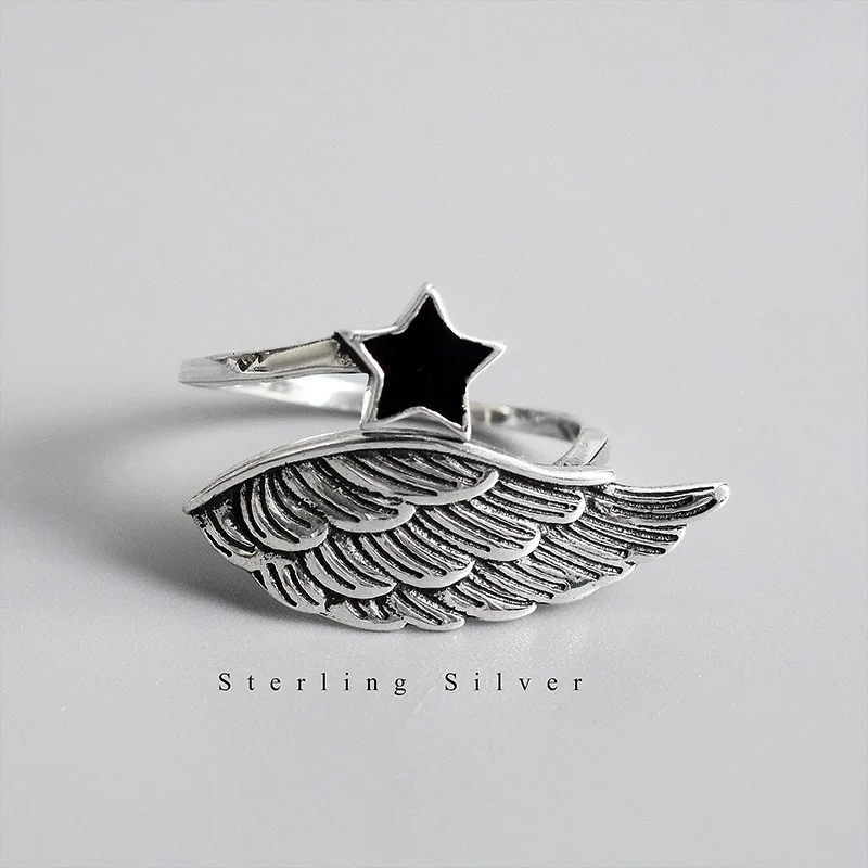 Vintage rings for women Irregular Stars Angel Wings feather Shaped 925 sterling silver ring party Punk style Race car Accessory | Украшения
