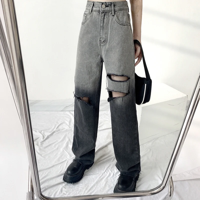

Женские джинсы с вырезами и завязками, повседневные мешковатые прямые длинные брюки из денима с высокой талией в стиле Харадзюку, уличная о...