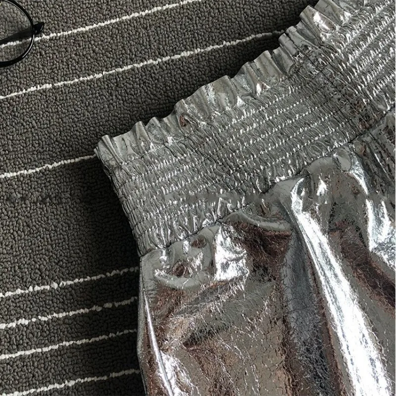 Street Silver Sheepskin Real Leather Shorts Women Elastic High Waist Casual A-Line Shorts Spring Autumn New Wide Leg Shorts