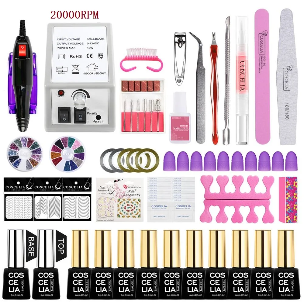 No Lamp 10 Gel Set COSCELIA комплект гель-лаков для ногтей с 20000 ОБ/мин Электрическая дрель для ногтей 36 Вт УФ светодиодный светильник Топ База все для маникюра Инструменты для дизайна ногтей комплект - Цвет: No Lamp 10 Gel Set
