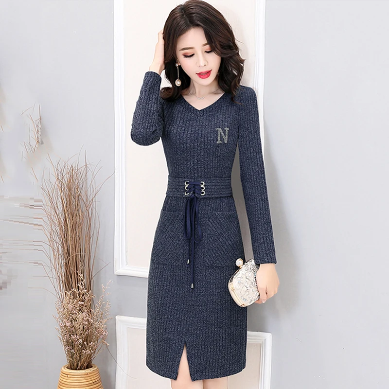 Женское трикотажное платье свитер с V образным вырезом|Женские платья| |