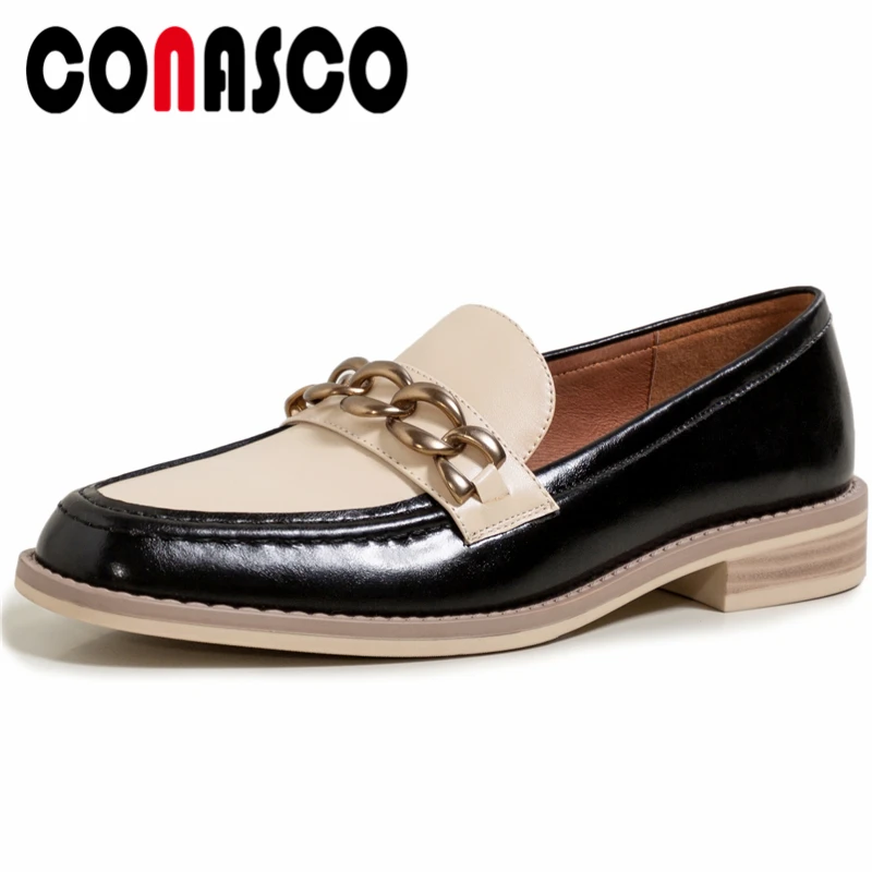 

CONASCO Round Toe Casual Classic Loafers Women Pumps Spring Low Heels Concise Retro Genuine Leather Shoes Woman New Metal Chain