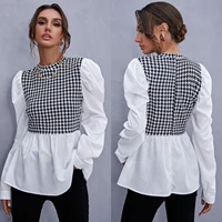 2021 new autumn women long sleeve plaid patchwork shirts feminina lady casual fake two pices blouse tops