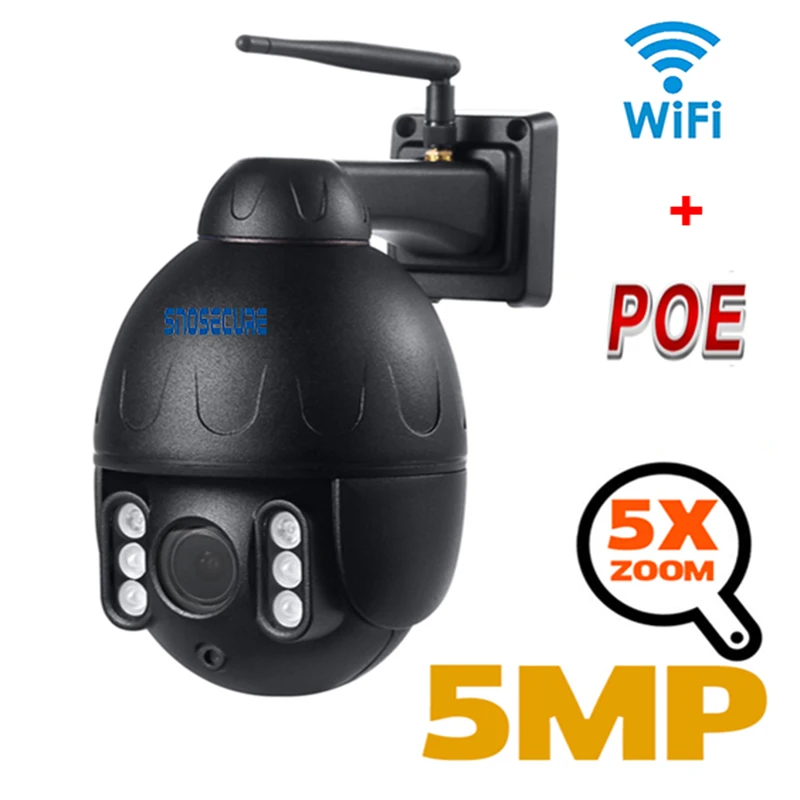 SNOSECURE Wireless Street Dome IP Camera Wifi 5MP Black Surveillance Tour Auto Cruise with Microphone Speaker Talk 128GB Card