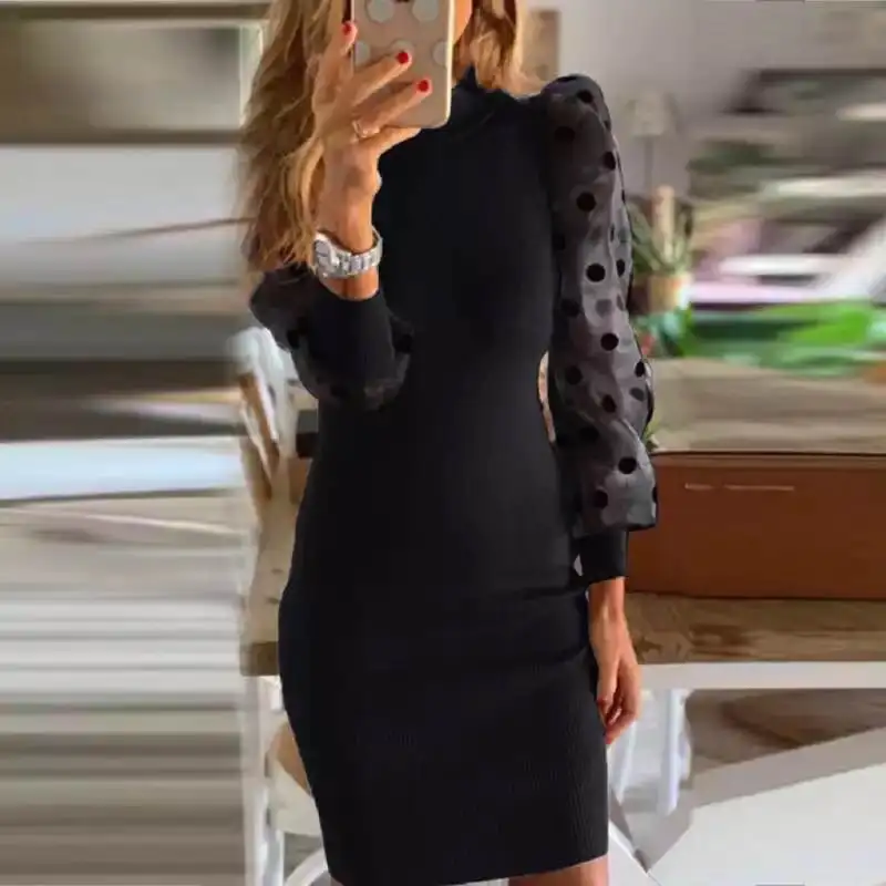 Сексуальное черное Сетчатое кружевное вязаное платье с длинным рукавом женское