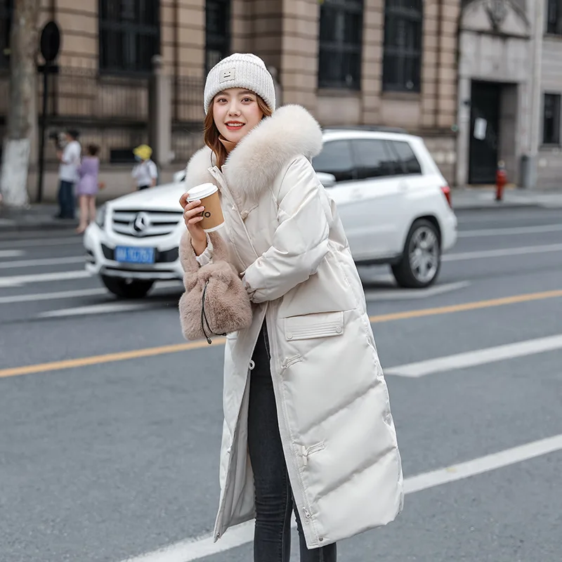 Womens Autumn Winter Down Jacket Korean Version Fashion Mid-Length Over-The-Knee Fox Fur Collar Warm Hooded Loose Waist Coat enlarge