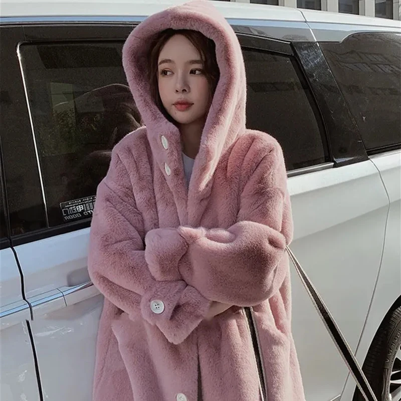 

Fashion Faux Korean Fur Long Coat Women Thick Warm Winter Plush Jacket Plus Size Sweet Hooded Loose Soft Luxury Overcoat Female
