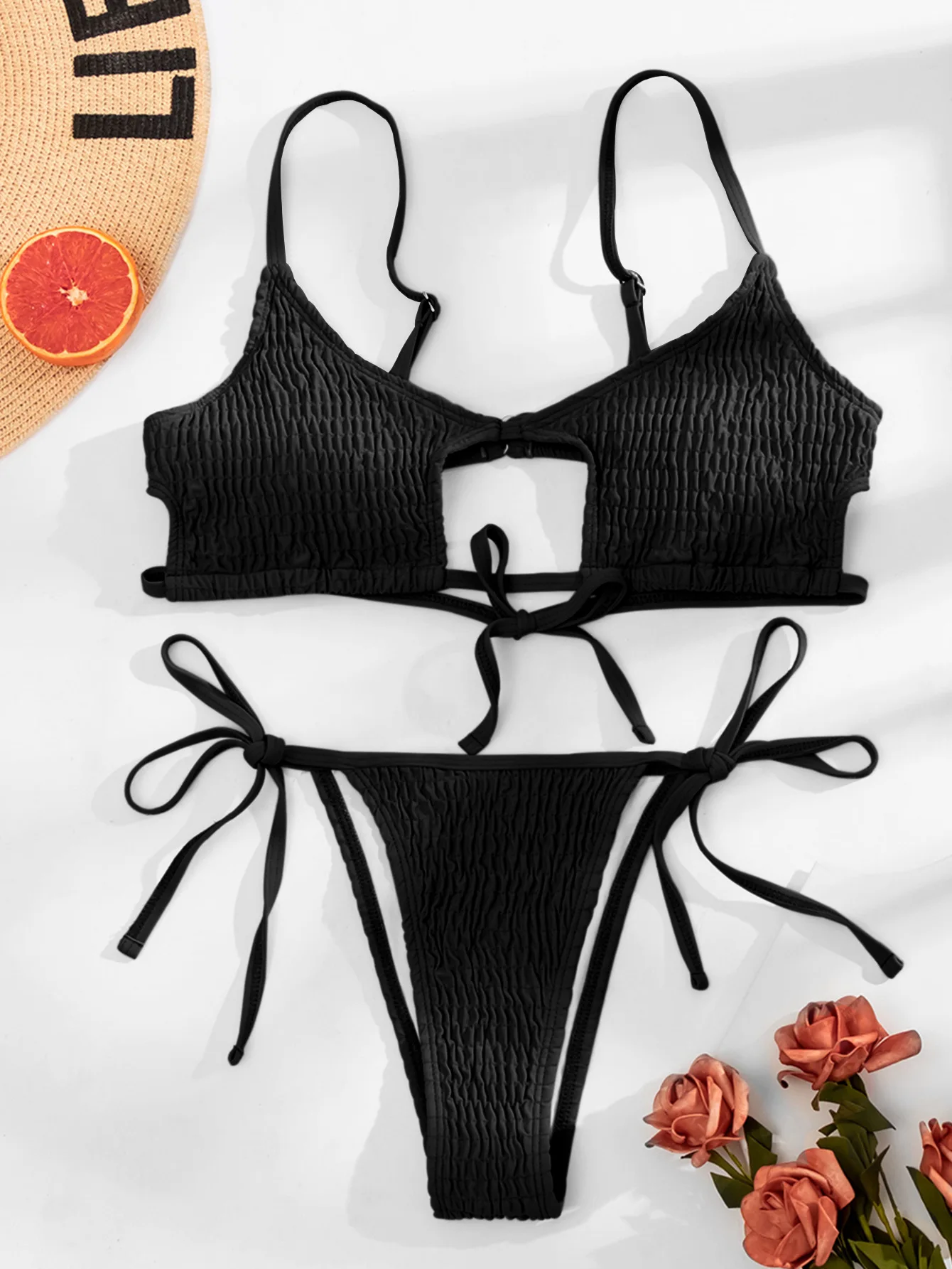 

2021 New Solid Color Hollow out Smocking Bikini Women's Swimsuit Sexy Lace-up Swimwear European and American Split Bikini