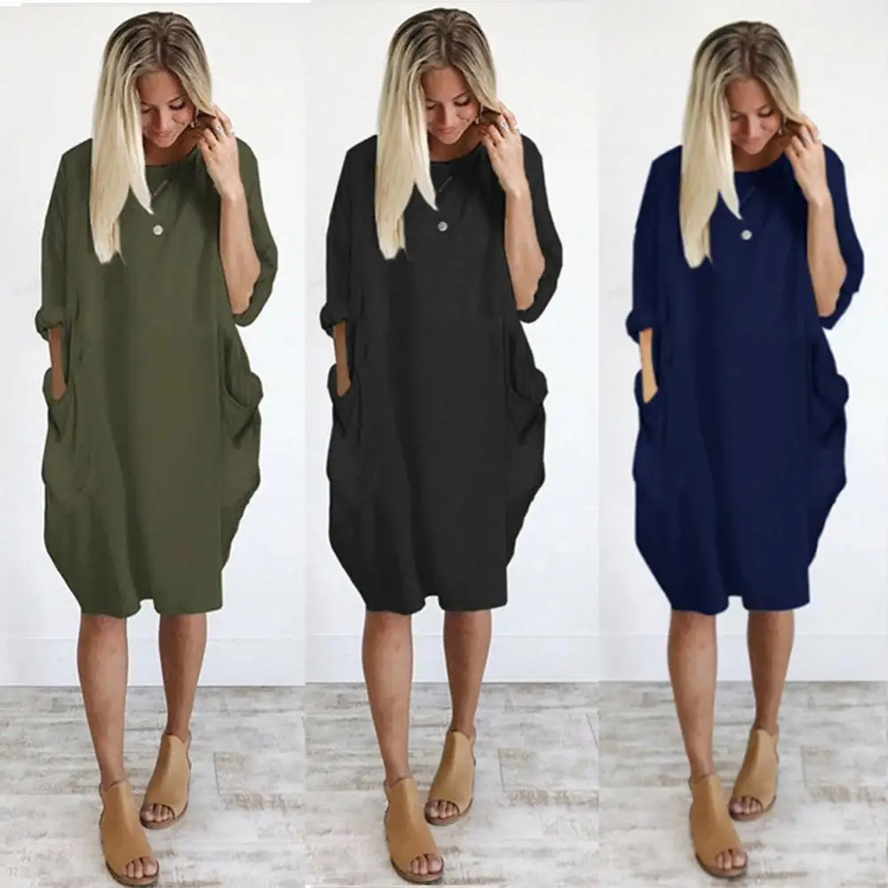 

Women Dress Casual Solid Color O Neck Long Sleeve Pockets Knee-length Baggy Dress Summer Black Street Wear 2021Hot Dropshipping