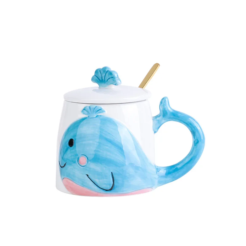 

Cartoon ceramic cup creative hand-painted whale mug bulk cute student water cup couple cup with cover spoon
