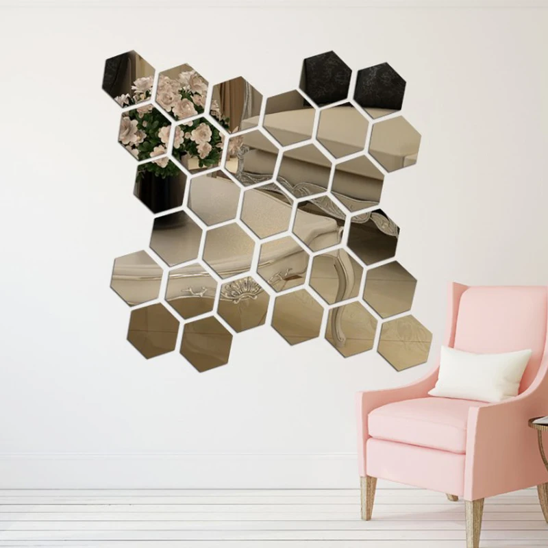 

12PCs/Set DIY 3D Mirror Wall Stickers Hexagon Home Decor Acrylic Mirror Decor Sticker Mural Removable Room Decal Art Ornament