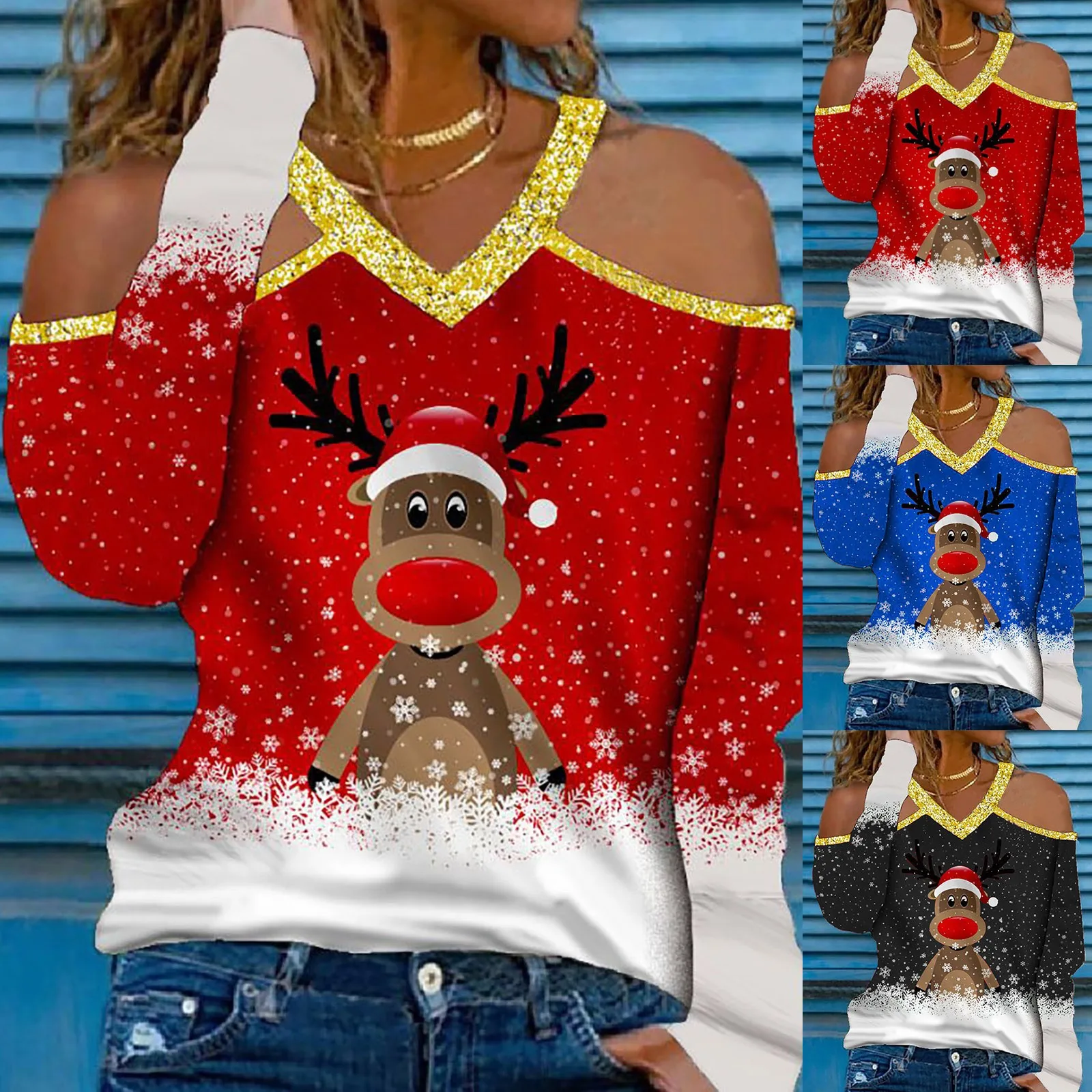 

Women's T-shirt Oversized T-shirts Casual Top Shirt Christmas Fawn Printed Shoulder Hollow Sleeve Long Sleeve Tops Tees Shirts