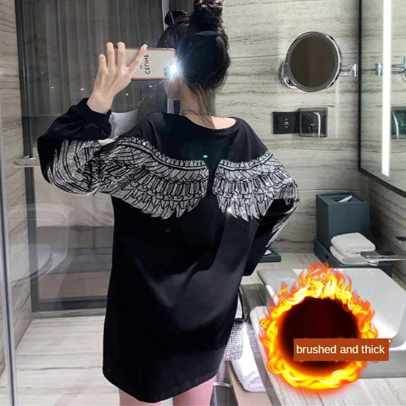 Autumn Winter Fleece-Lined Wings Sweater for Women Heavy Embroidery Hot Drilling Gothic Korean Tops Loose Velvet Thickened Top