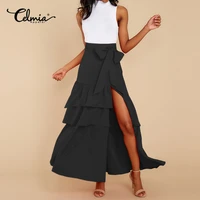 celmia womens oversized maxi skirts 2021 fashion ruffles high waist long faldas causal loose solid belted split party jupes