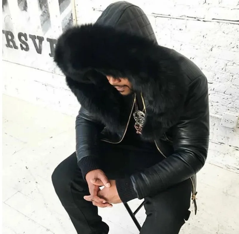 

Kalenmos Men's Jacket Press Line Pu Hooded Fur Solid Color Mens Jacket One Short Big Fur Collar Casual Zipper Men's Top