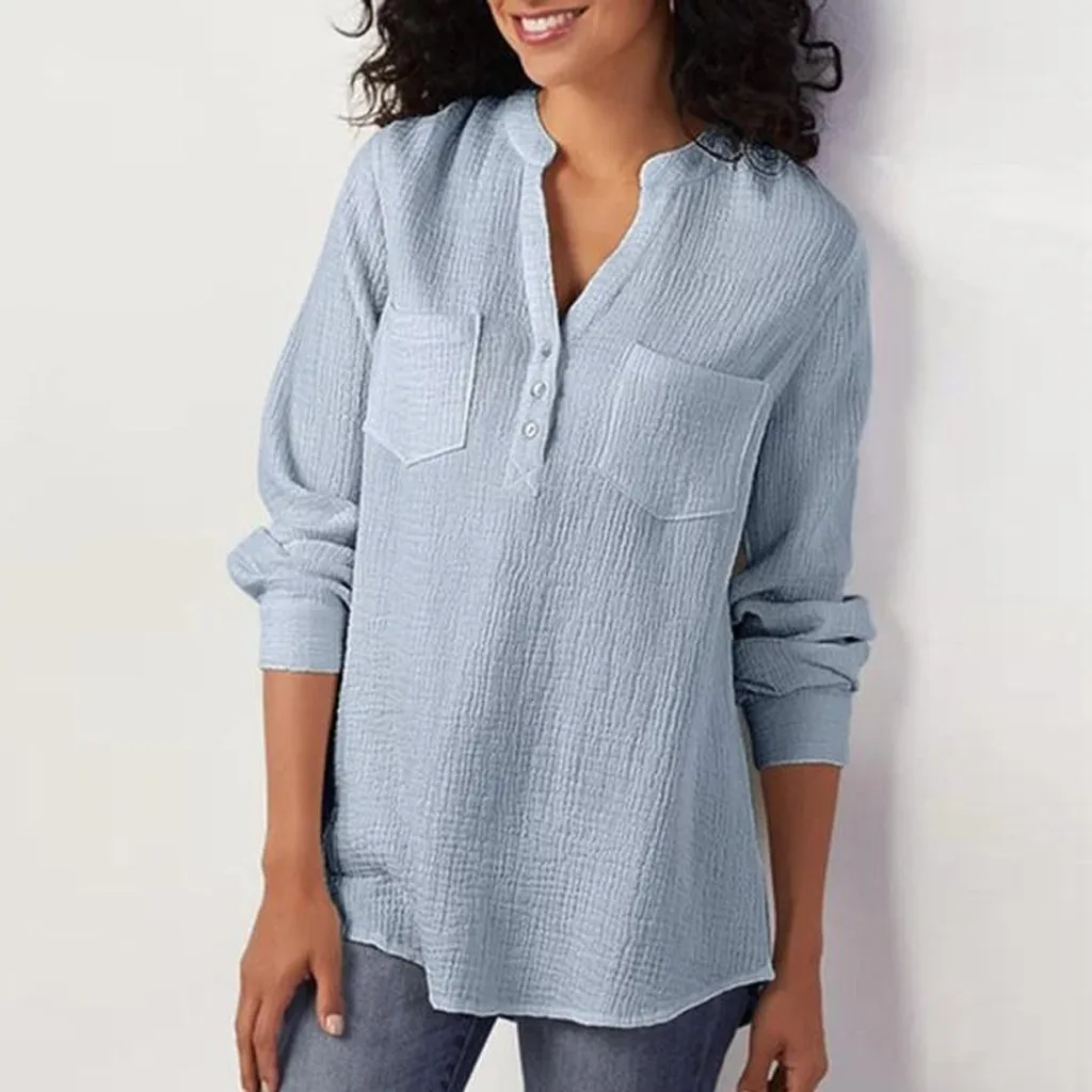 

Casual Ladies Female Women Long Sleeve Blusas Pullover Fashion Cotton Linen Tunic Blouse Shirt Pocket Buttons V-Neck Tops