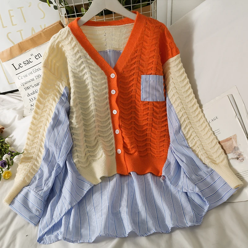 

Женский трикотажный кардиган с контрастной строчкой, необычный длинный кардиган свободного покроя в повседневном стиле, осень 2021