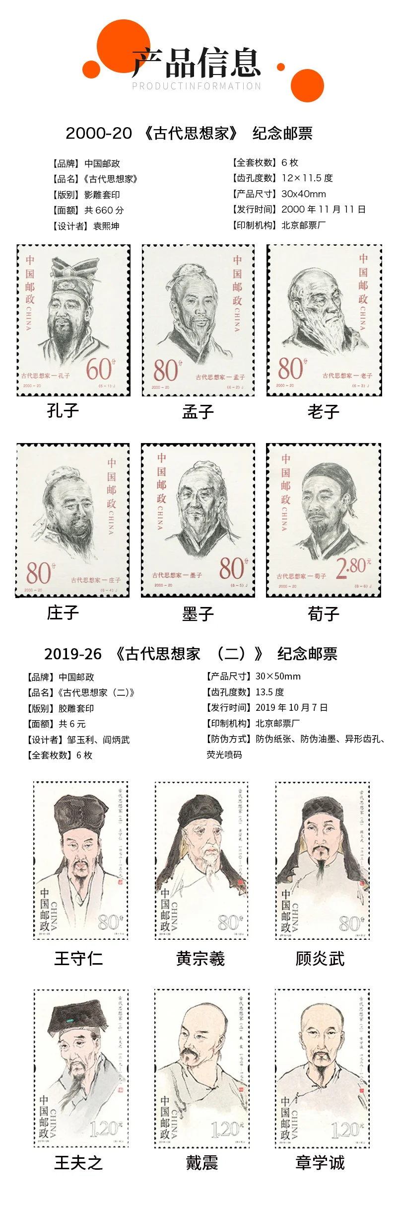 

The new 2000/2019 ancient Chinese thinker stamp set of 12 sets, a large set