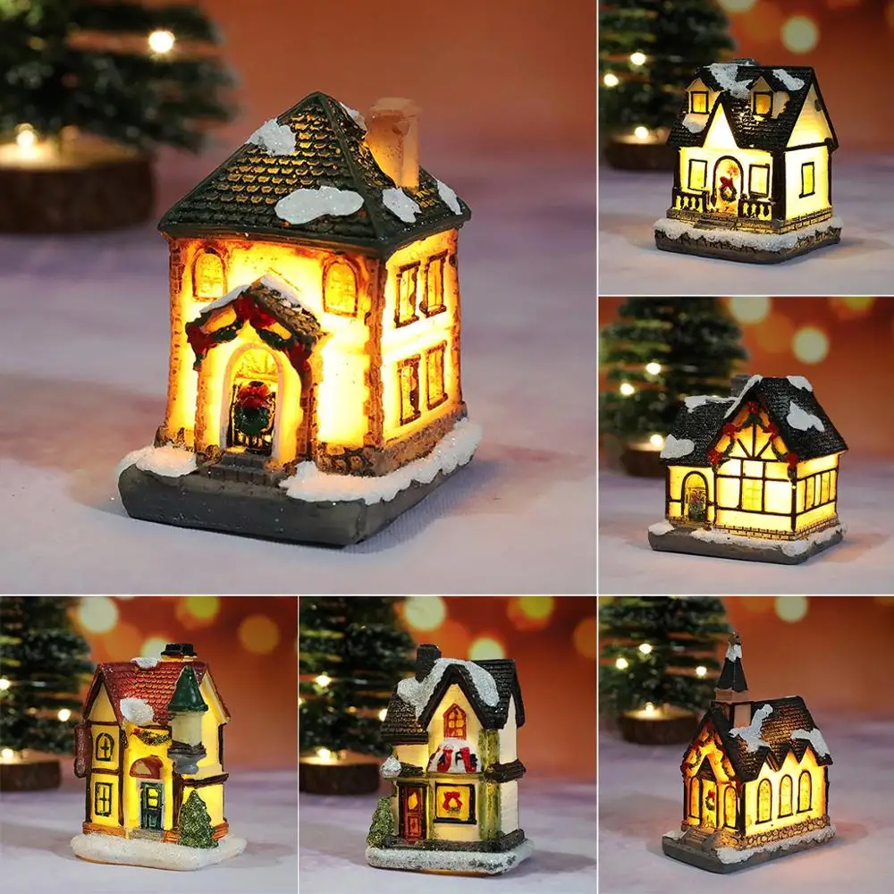 

FENGRISE Mini Christmas Resin House With LED Light Merry Christmas Decor for Home Xmas Tree Ornaments Navidad 2020 New Year 2021