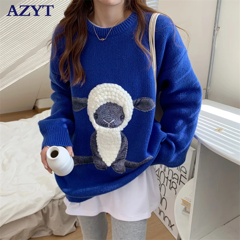 

AZYT Spring Autumn New Cartoon Sweater Women Pullovers Cute Sheep Print Knit Jumpers Women Sweater 2022 Korean Loose Knitwear