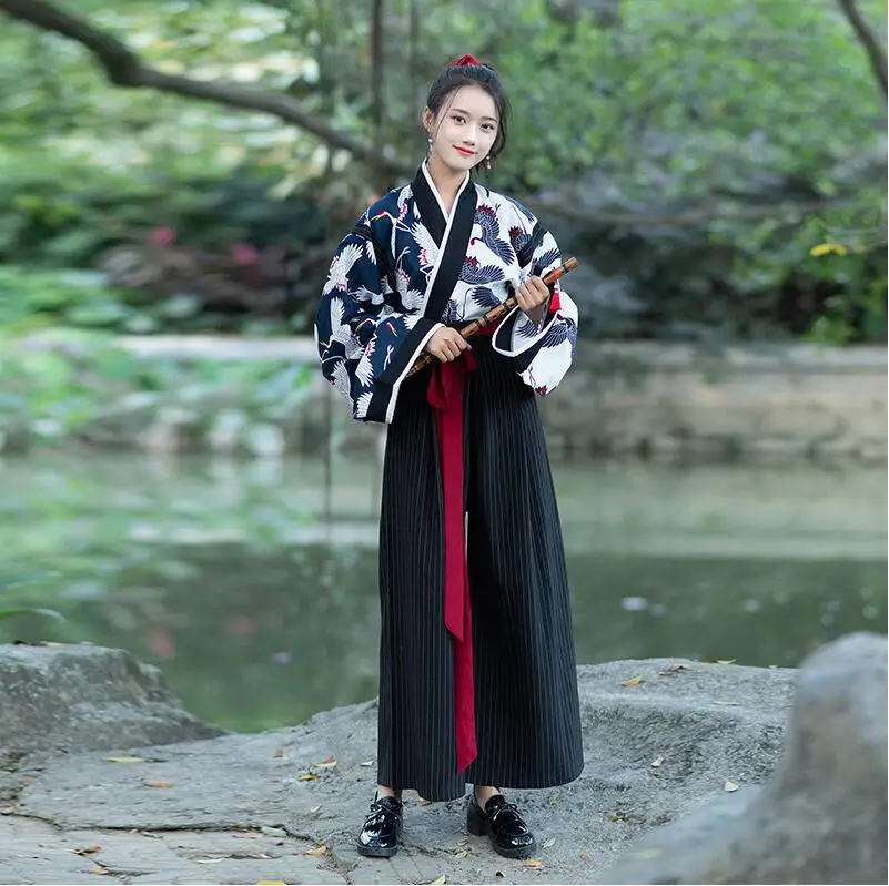 

Chinese Japanese stage costume HanFu Element Daily HanCollar Top jacket+Trousers Printed Crane Retro-ancient Ethnic Style Women