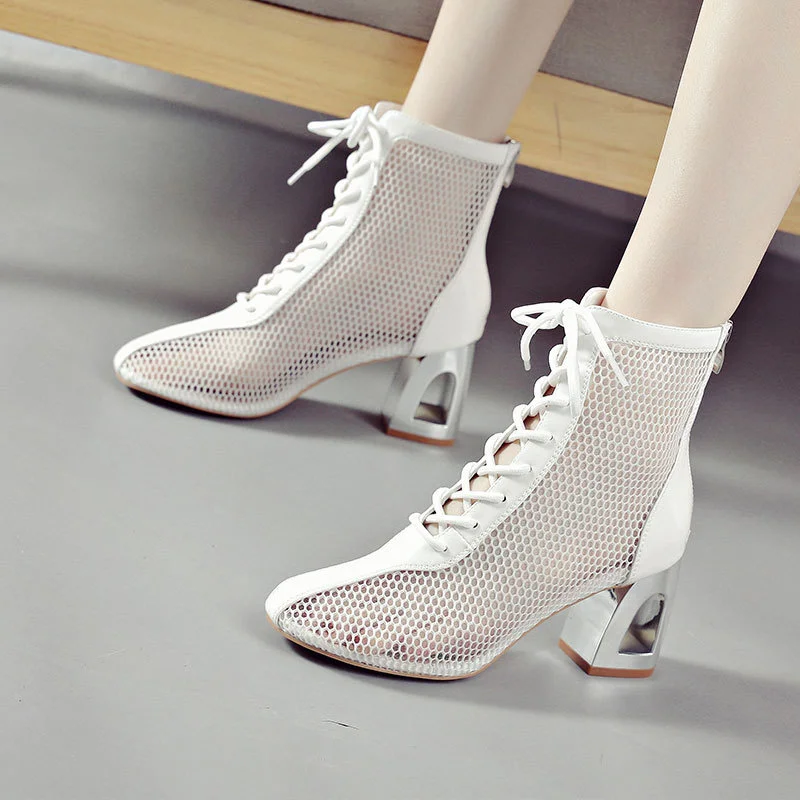 

Женские сетчатые ботинки на толстом каблуке, модные привлекательные полусапожки на шнуровке, полусапожки на каблуке, лето