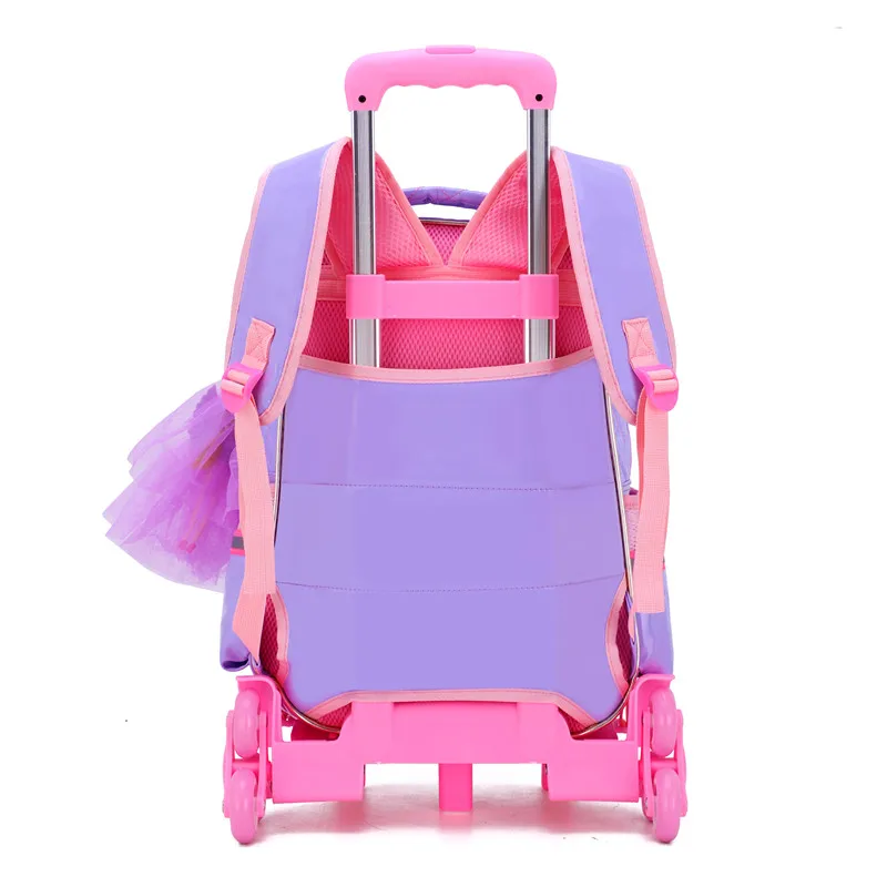 3Pcs/set Children School Bags Waterproof Girls Purple Princess Trolley Backpack Removable Kids Wheel Bag Travel Luggage Mochilas