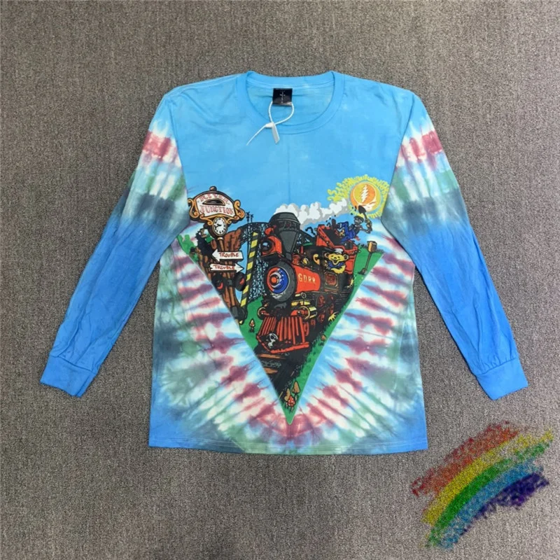 

Tie-dyed Travis Scott Cactus Jack Long Sleeve T-shirts Men Women 1:1 Best Quality Bear Train Printing Top Tees