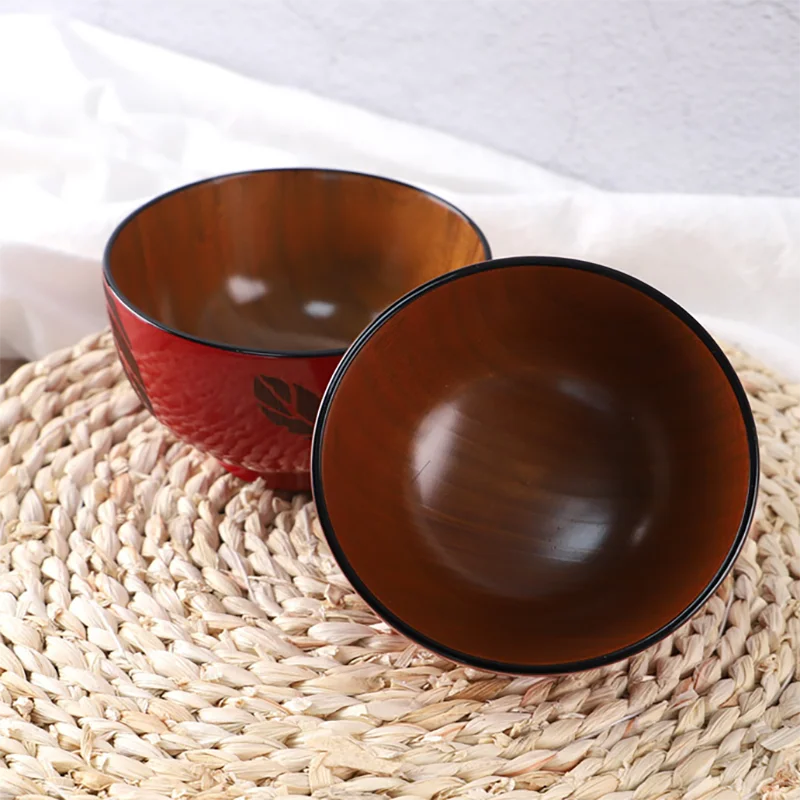 Деревянная посуда в японском стиле чаши с красным цветочным рисунком листьев