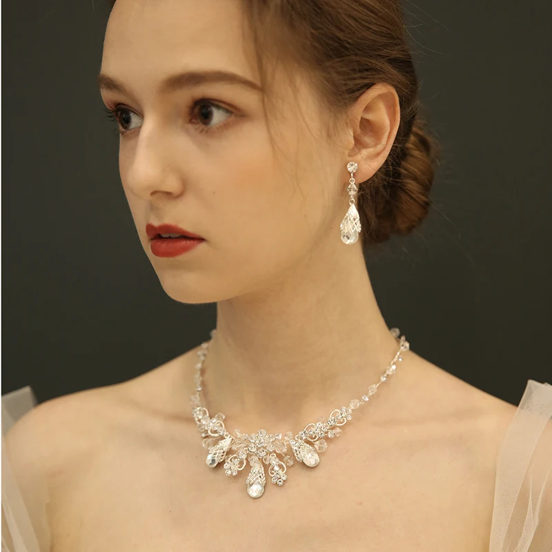 

Silver Color Crystal Wedding Jewelry Sets Floral Bridal Necklace Earrings Set Handmade Women Accessories