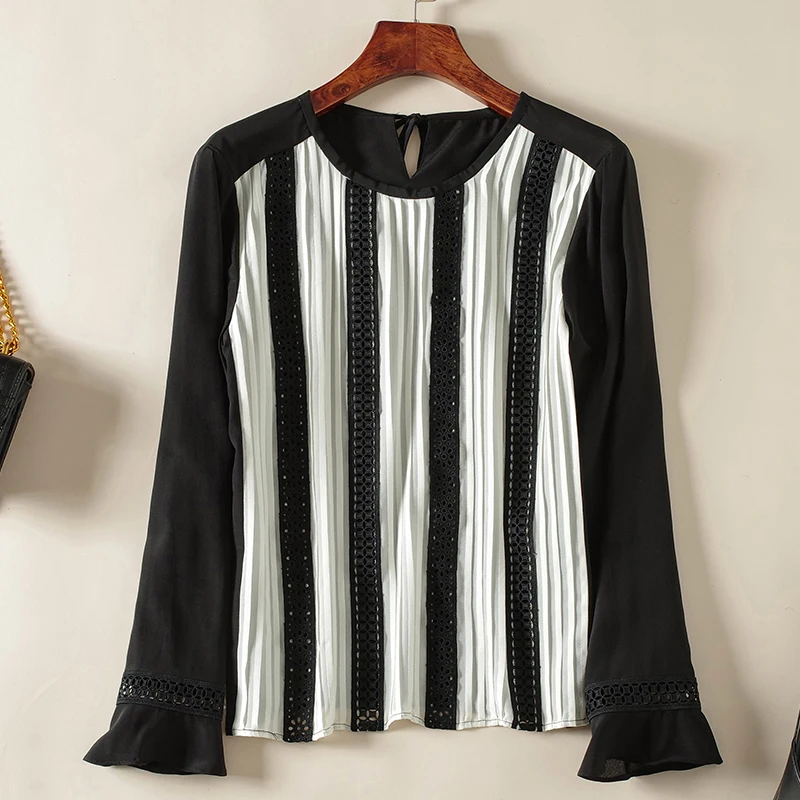 

Женская ажурная блузка из натурального шелка, Элегантная черная рубашка с круглым вырезом и длинными расклешенными рукавами, Весна-Осень 100...