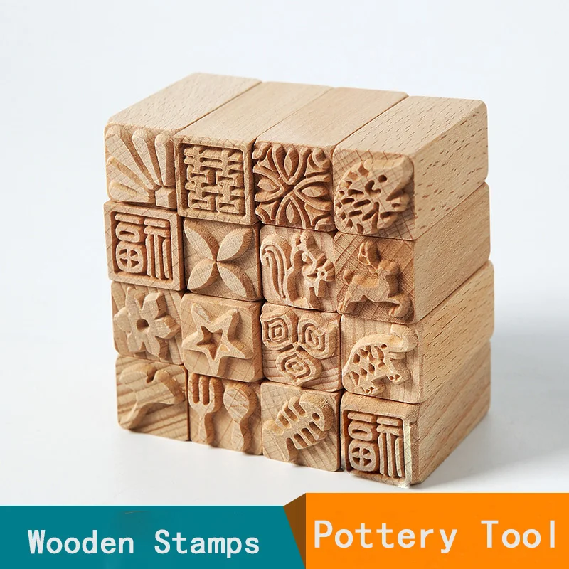 16 Styles Hand Carved Wooden Stamps for Printing DIY Clay Pottery Printing Blocks Creative Pottery Clay Molds DIY Tools